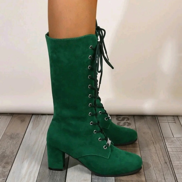 Fashionable Comfortable Green Round Toe Velvet Lace-Up Booties - Picture 5 of 7